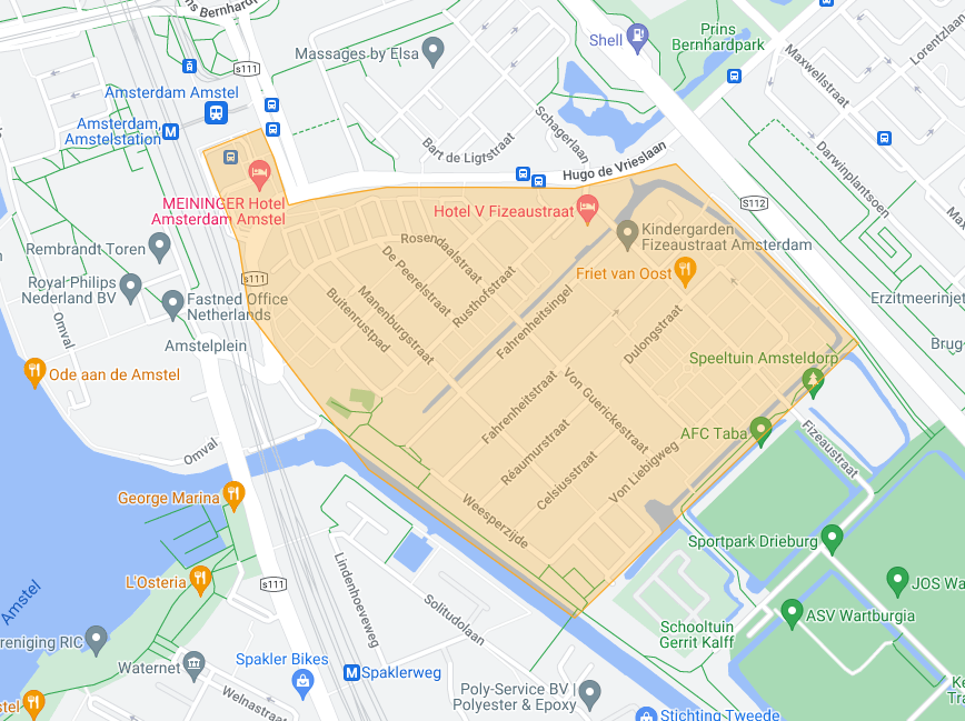 Kaart van het aannamegebied van de praktijk Amsteldorp